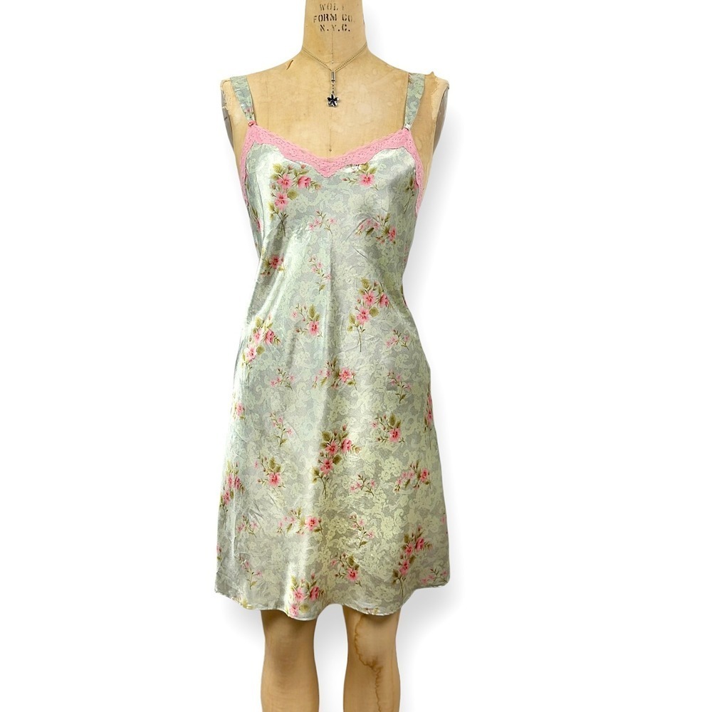 Y2K 2000s Lace Floral Slip Dress Size S Pastel Mini Fairycore Coquette Lingerie
